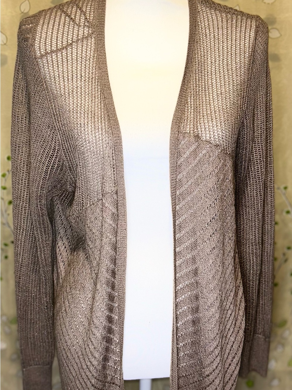 Thalia Sodi Metallic Bronze Open Front Pointelle Knit High Low Cardigan XL